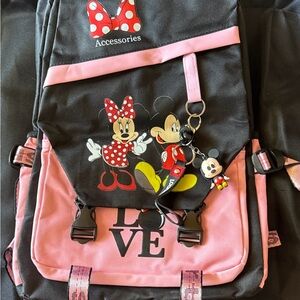 New Minnie and Mickey Mouse Kids Backpack - Pink and Black with 2 charms